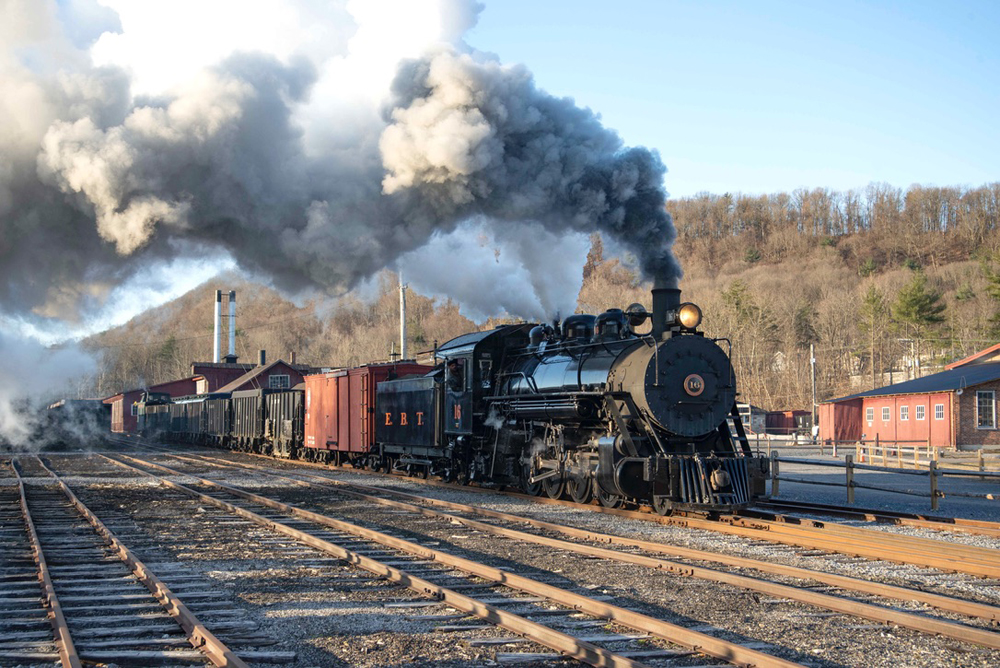 Narrow-gauge steam locomotive pulling vintage freight train.