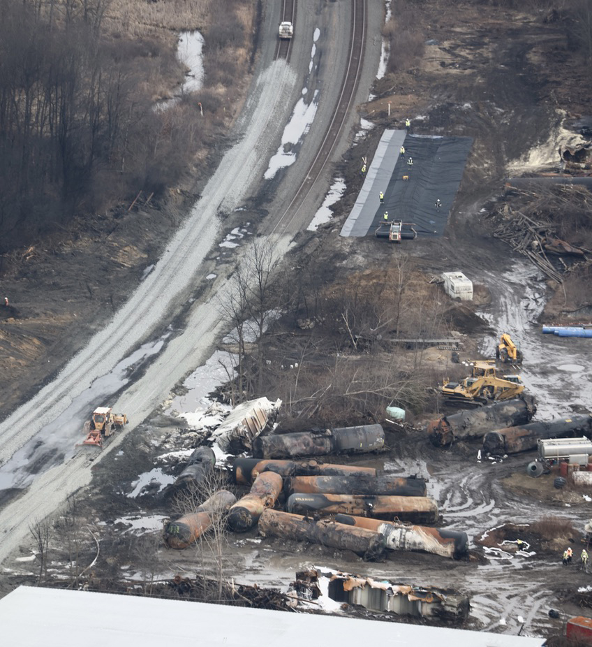 Aerial view of derailment cleanup