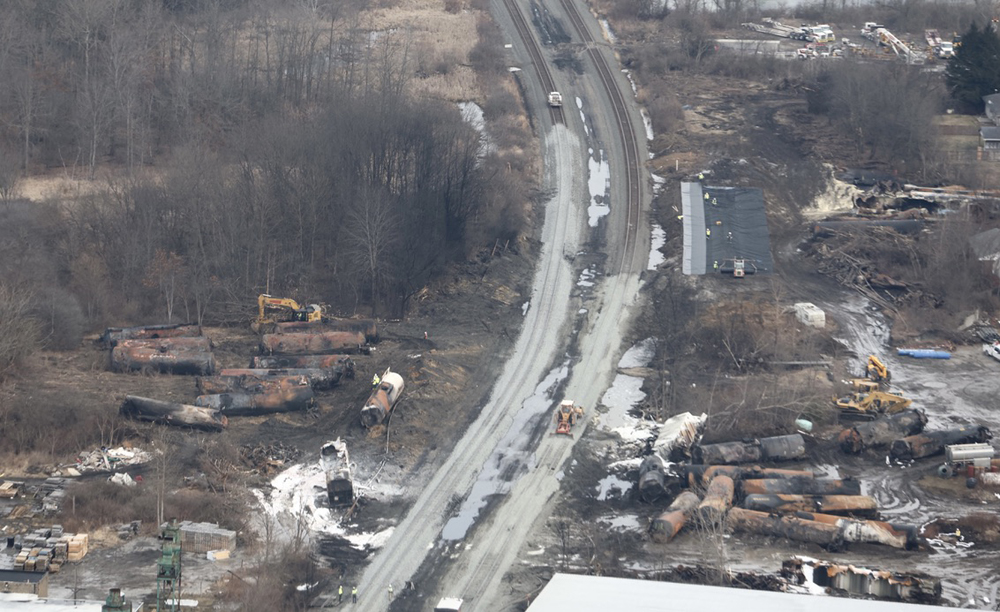 Aerial view of derailment cleanup and track work
