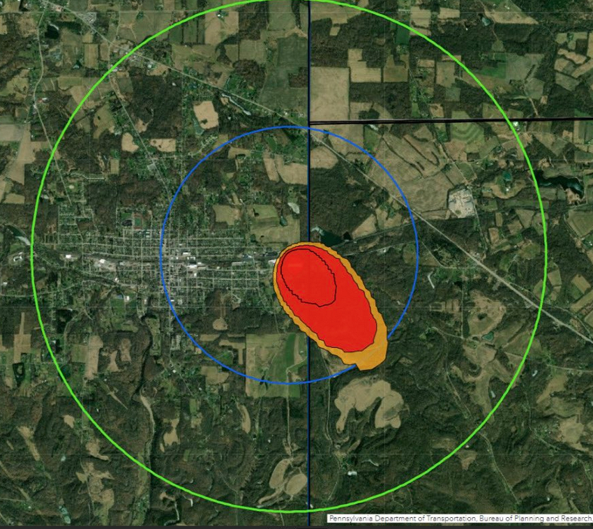 Aerial view of area along Ohio-Pennsylvania state line showing area under evacuation order