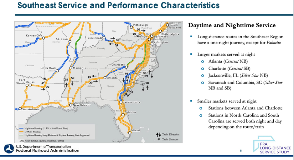 Map showing where Amtrak trains provide service during daytime or nighttime