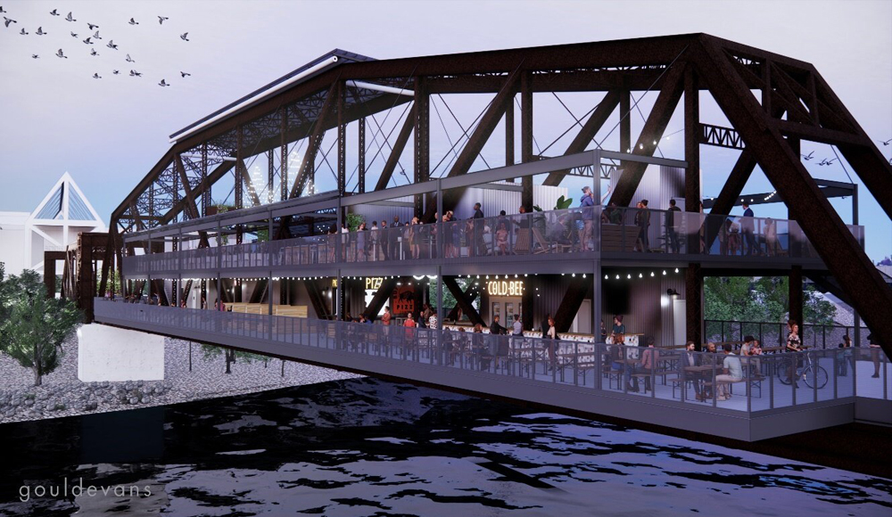 Rendering of former railroad bridge turned into venue with bars and restaurants