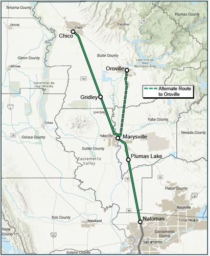 Map of area in north central California between Chico and Sacramento.