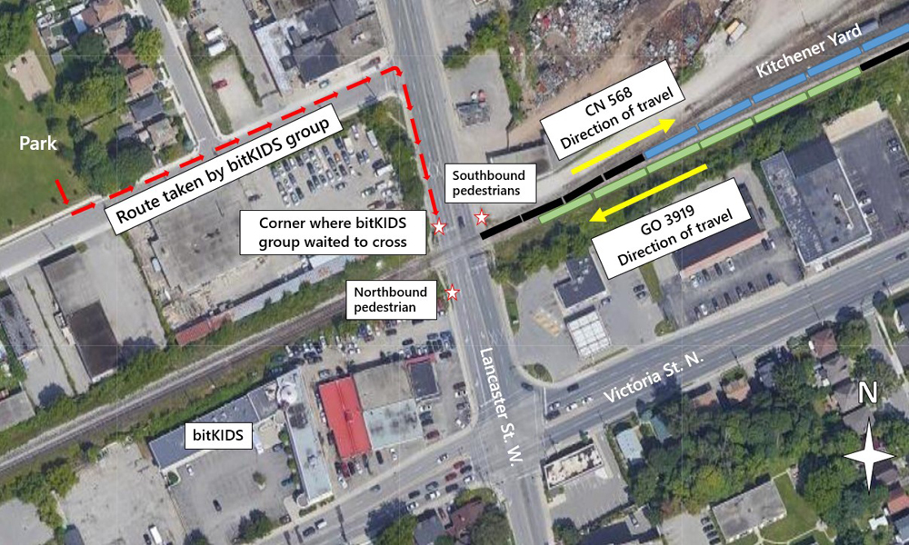 Aerial view of accident site involving commuter train and pedestrians