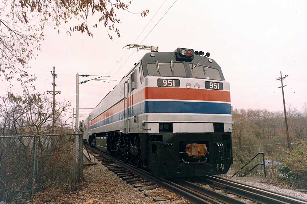 Front three-quarter view of Amtrak E60 locomotives
