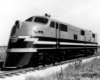 Three quarter front view of new diesel locomotive on display