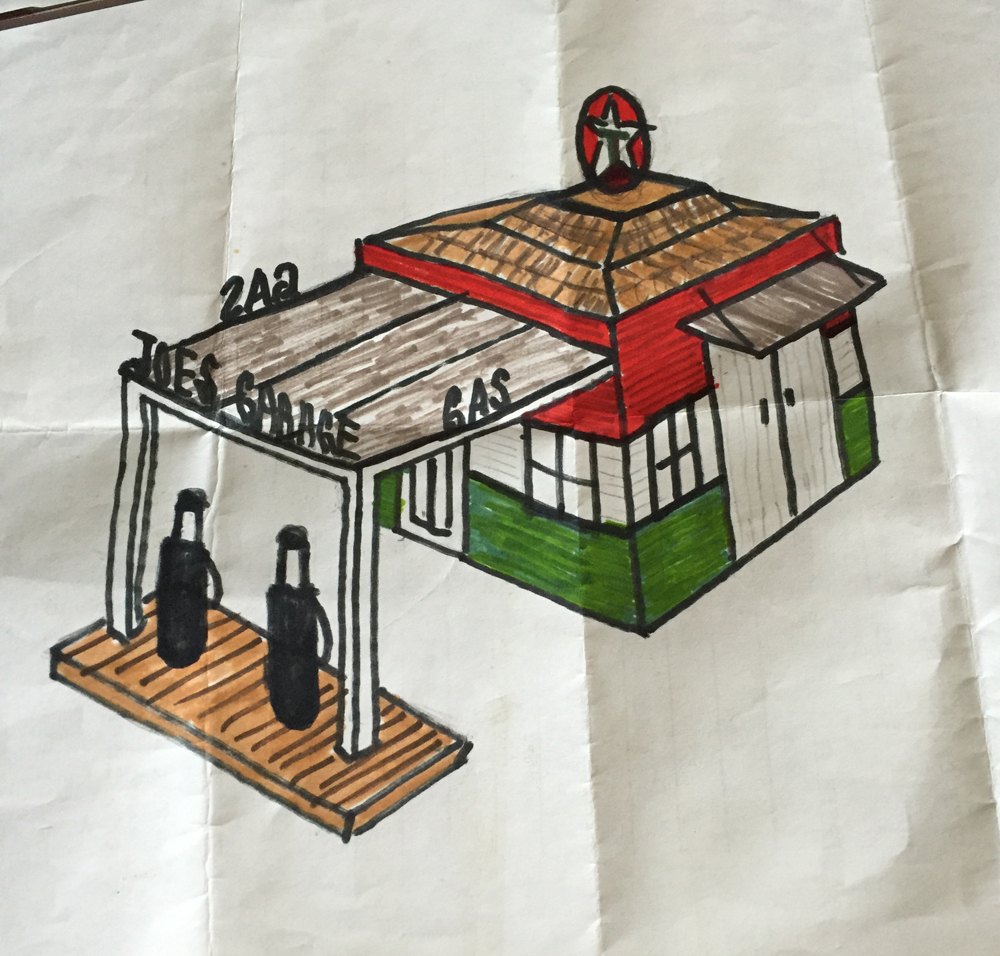 handmade drawings of a Texaco gas station