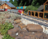 two red and silver model diesels near buildings on a garden railroad