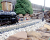 low shot of model steam engine on garden railway