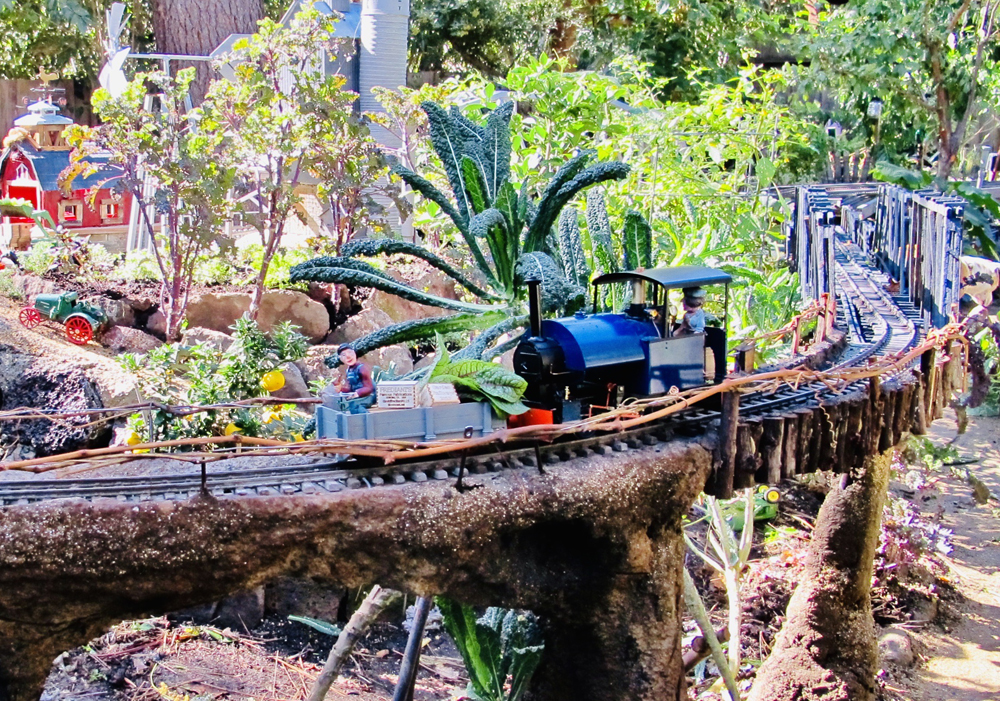 model train on track with grapevine railing edges