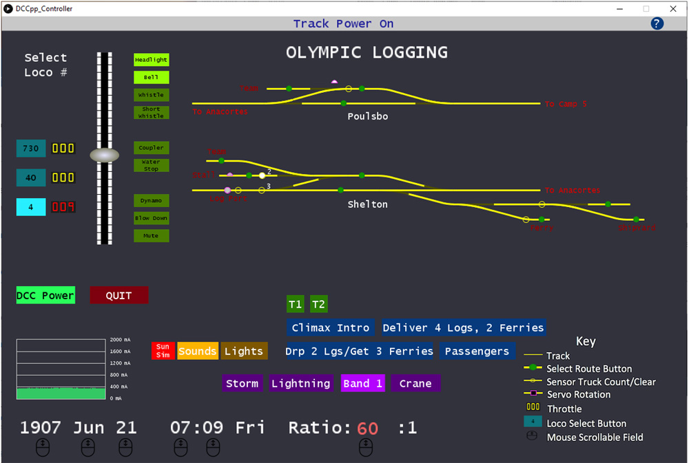 A screenshot of the DCC-Plus-Plus control screen of Greg Privette’s model railroad