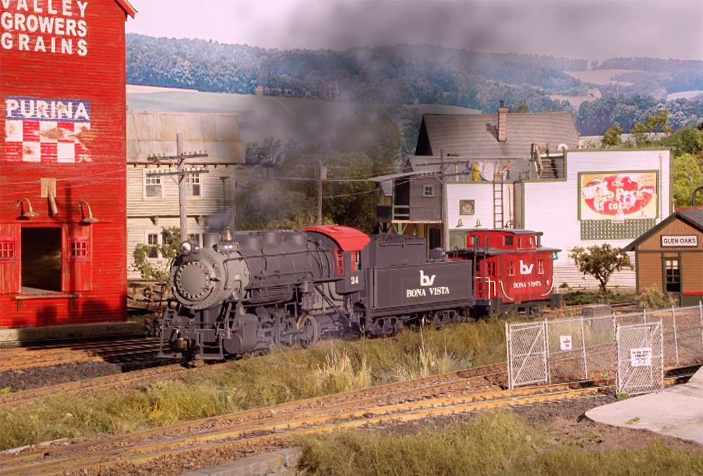 An image of a locomotive on a model railroad layout