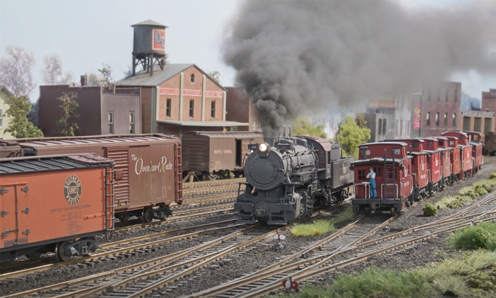 An image of a locomotive on a model railroad layout