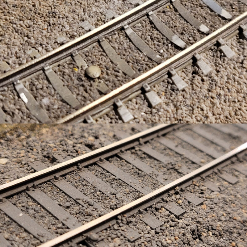 Track type and uses: An split image showing scale rail ties and track