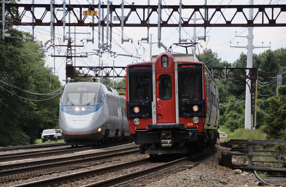 Amtrak high speed train meets Metro-North electric multiple-unit trainset