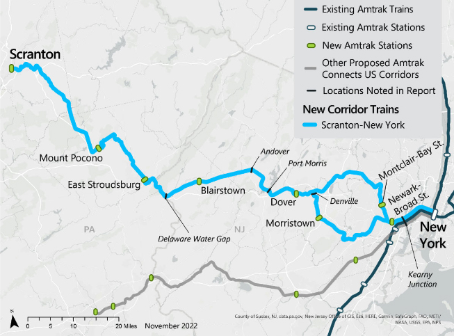 Map of Scranton-New York City rail route