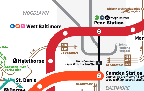 Map detail showing MARC commuter stations around B&P Tunnel