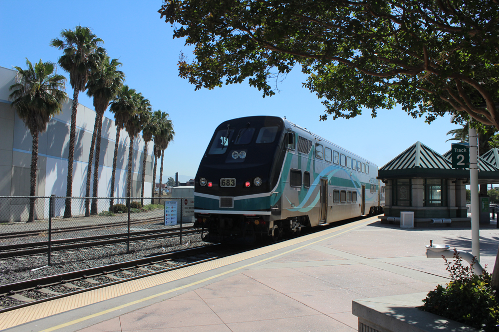 Cab car of commuter train at station platform