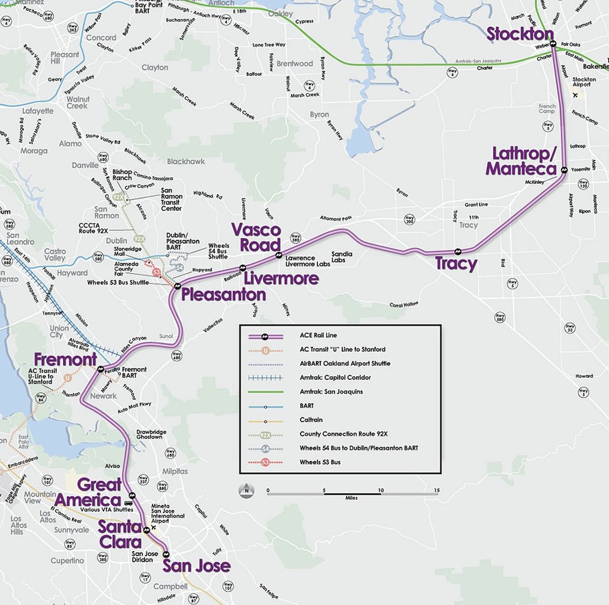 Map of rail line between San Jose, Calif., and Stockton
