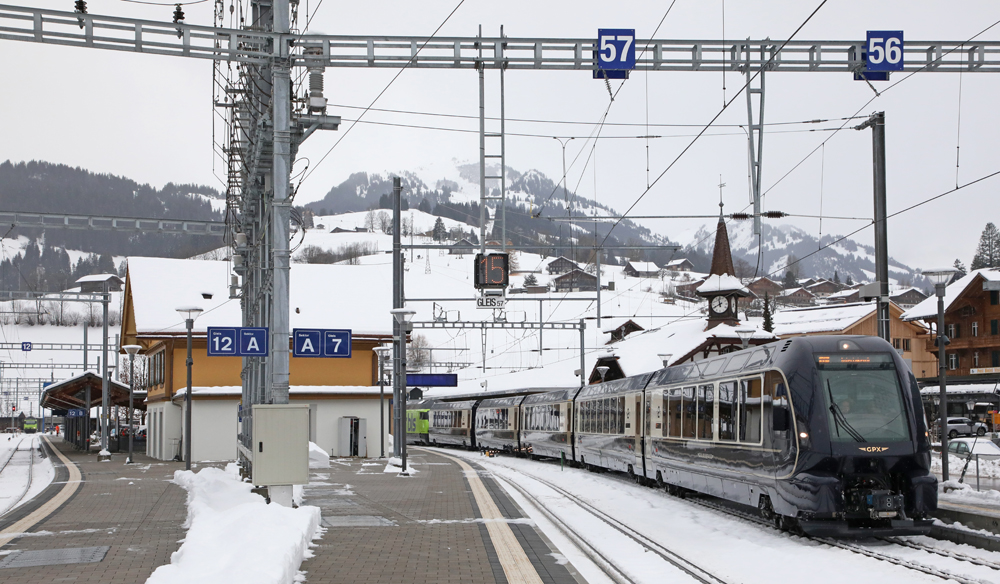 Passenger train in Swiss mountain town