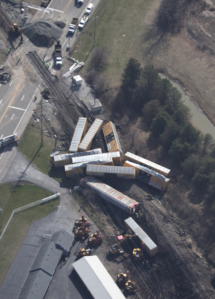 Aerial view of derailed freight cars