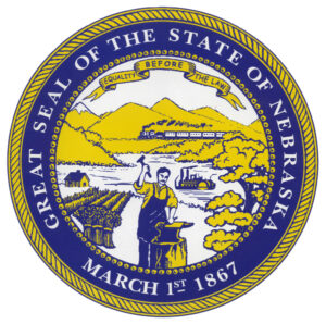 Nebraska state seal, which includes a steam-powered train in the background