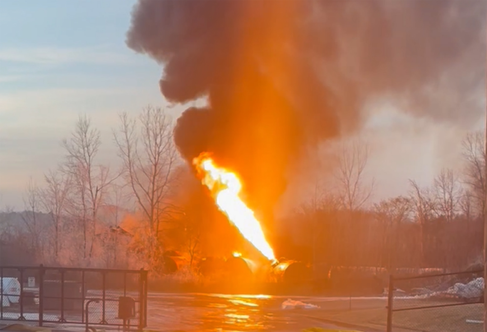 An "energetic pressure release" from a vinyl chloride tank car at East Palestine, Ohio, on Feb. 4, 2023. NTSB.