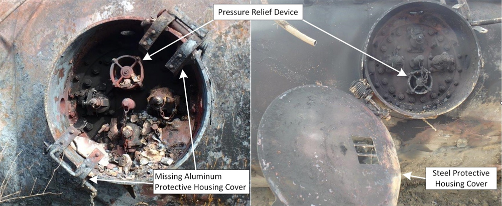 Photos showing damaged tank cars, one without a cover over a valve and one with cover still in place