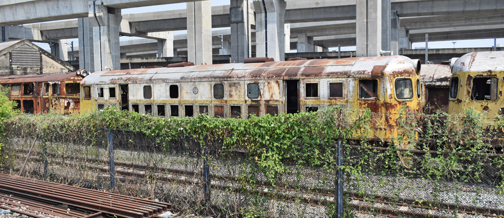Derelict locomotives as seen from train