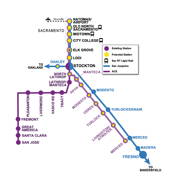 Map of expanded Altamont Corridor Express with service to Sacramento and communities south of Stockton