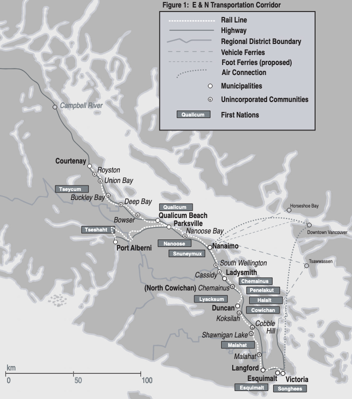 Map of rail line on Vancouver Island, British Columbia