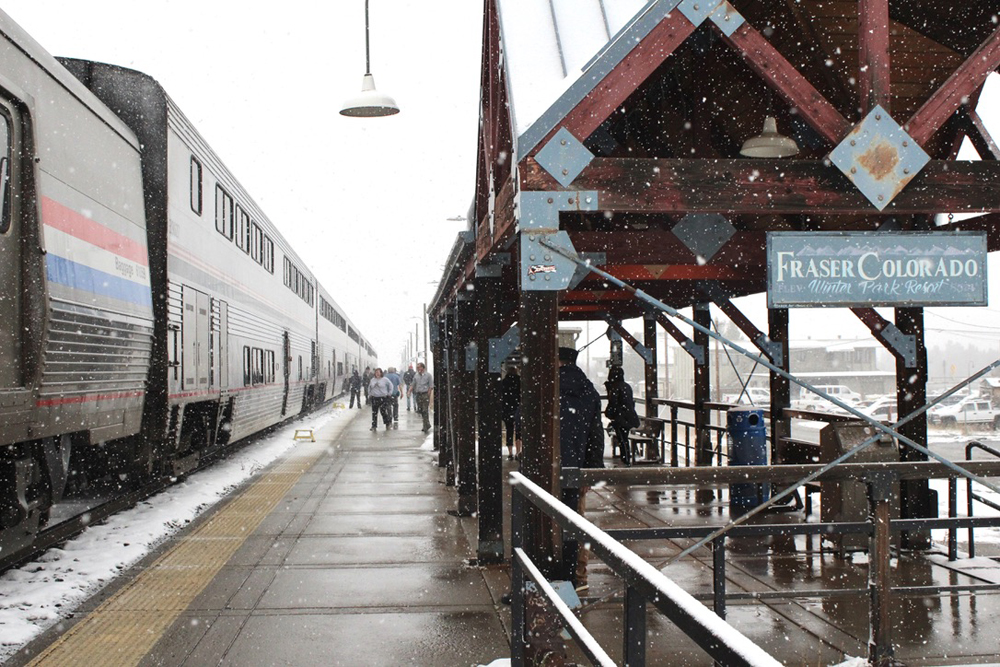 Train at station during snow