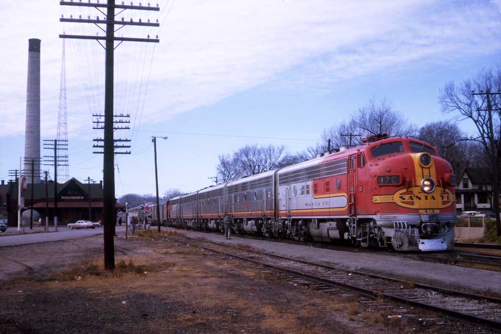 Santa Fe El Capitan train at brick station on curve