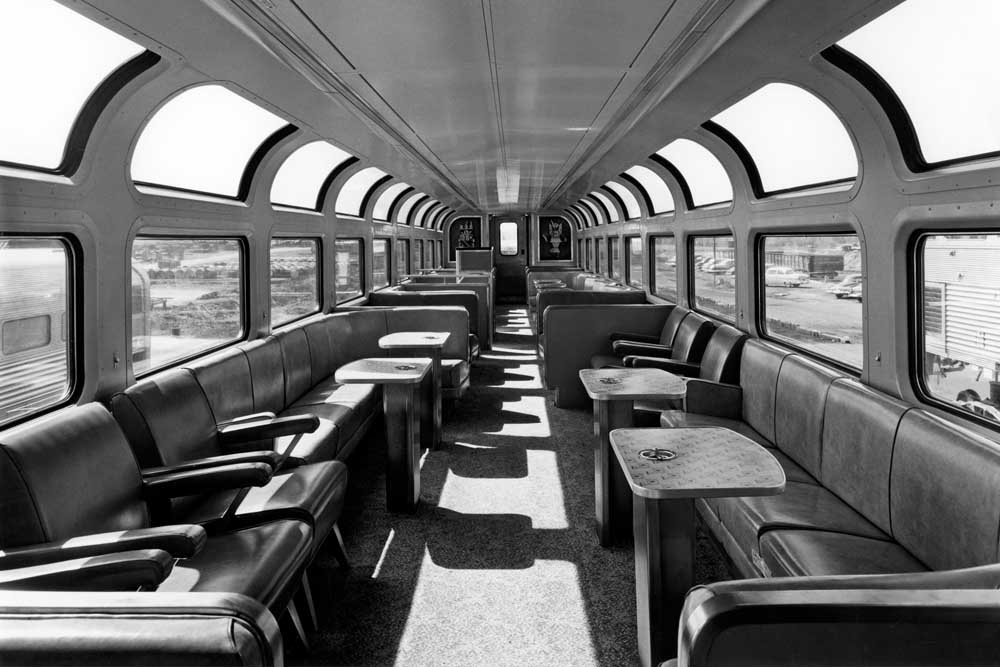 Interior of glass-topped rail passenger car for Santa Fe El Capitan train