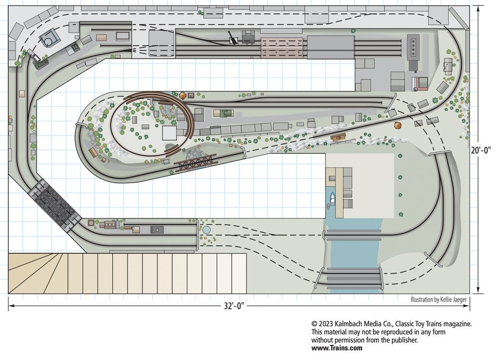 Don Klose’s O gauge Bellevue & Schenectady Railroad layout: An image of a toy train layout trackplan