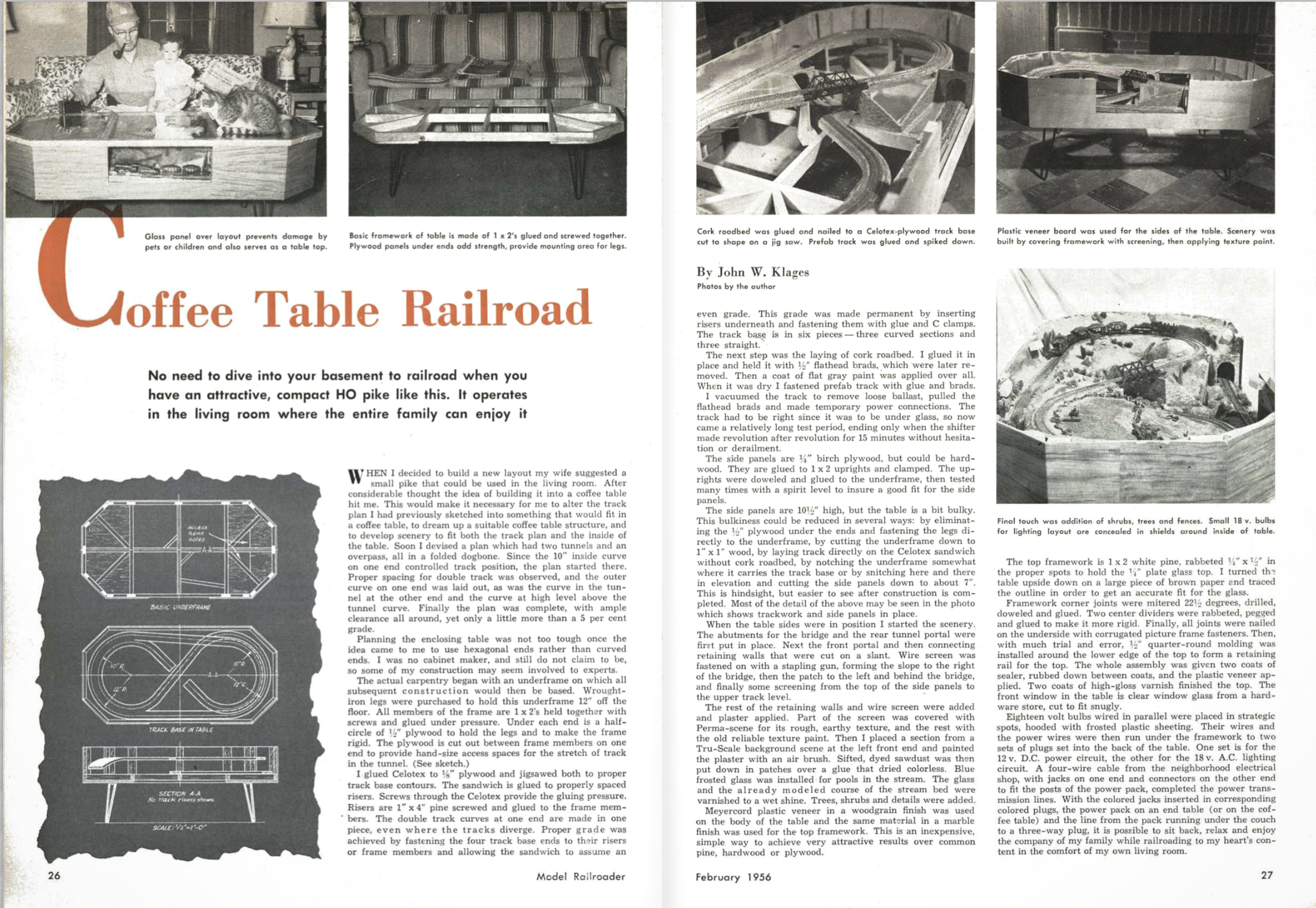 Magazine spread showing various black and white photos and a small blueprint along with blocks of text