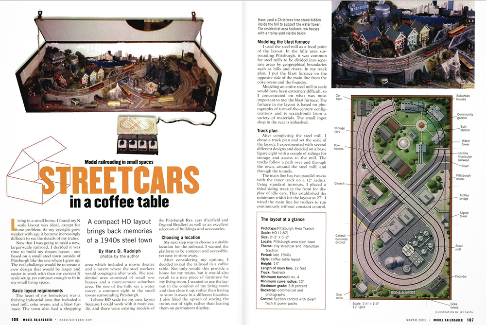 magazine page layout with black and orange text on white and featuring two color photos of a small town built into a coffee table and one overhead illustration