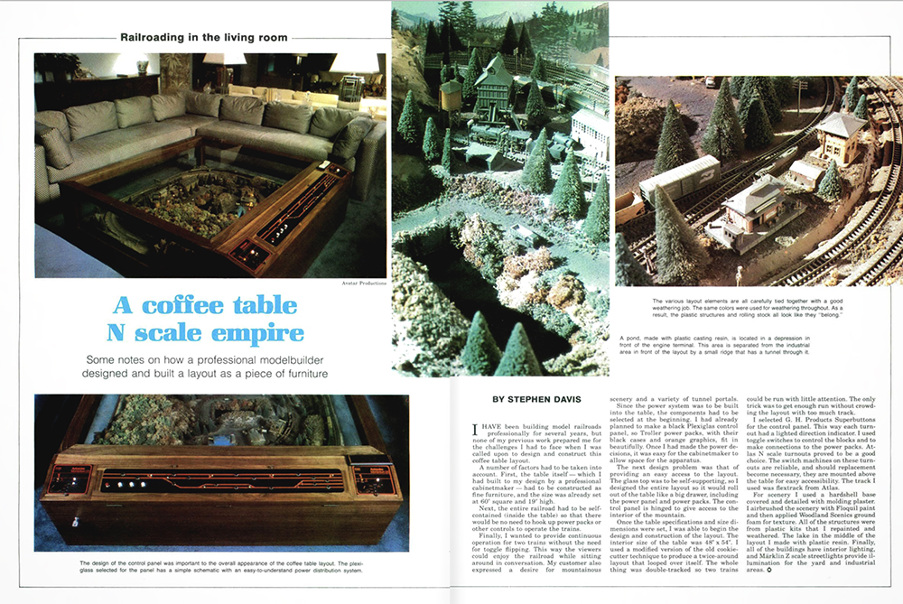 magazine page layout showing 4 photos of a large table layout with blue and black text on white background