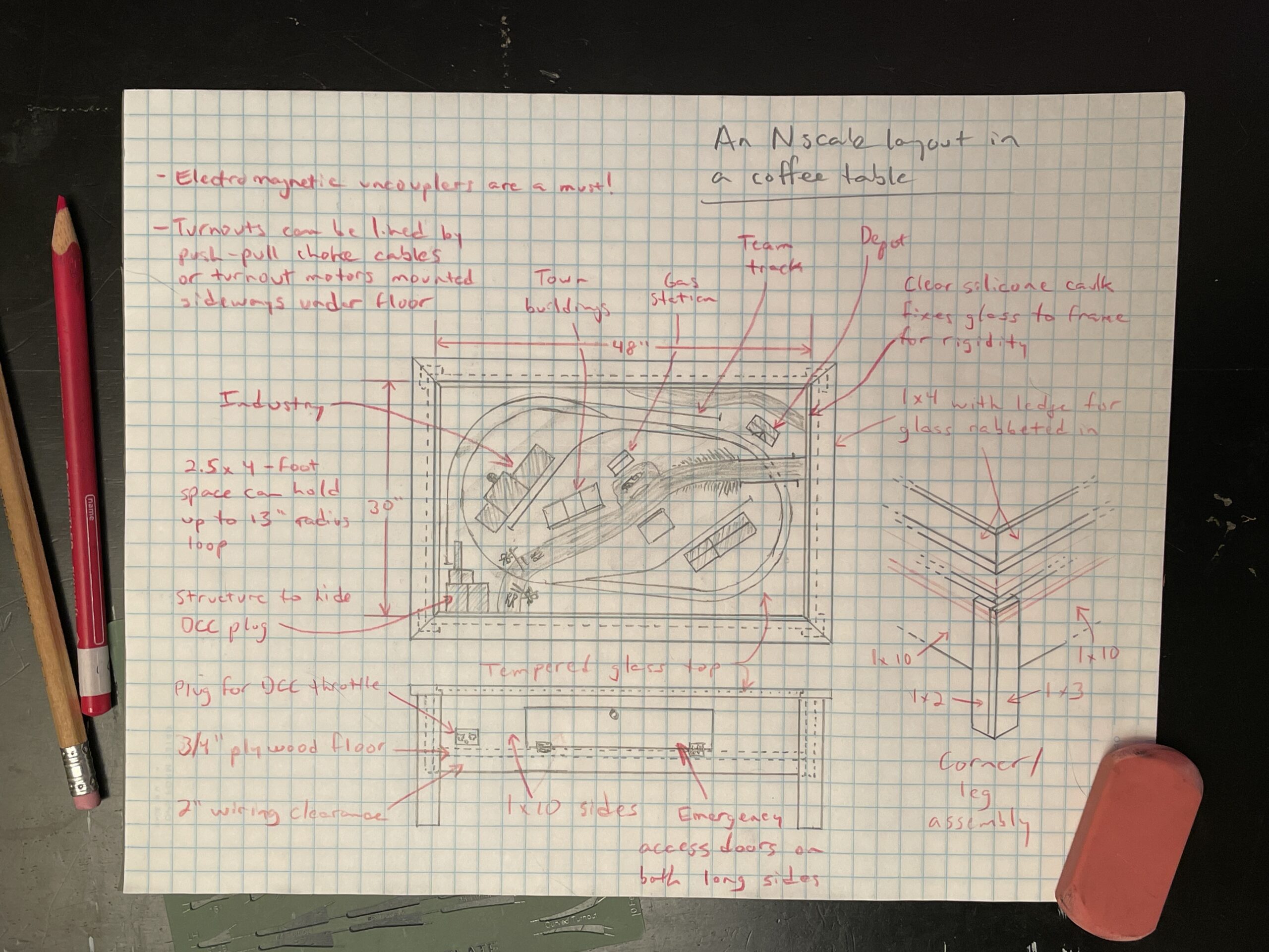 A pencil sketch of an N scale model train layout in a coffee table