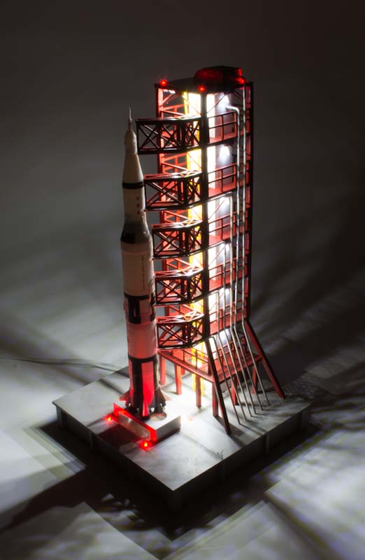 Menards O gauge Rocket Launching Tower at night with lights