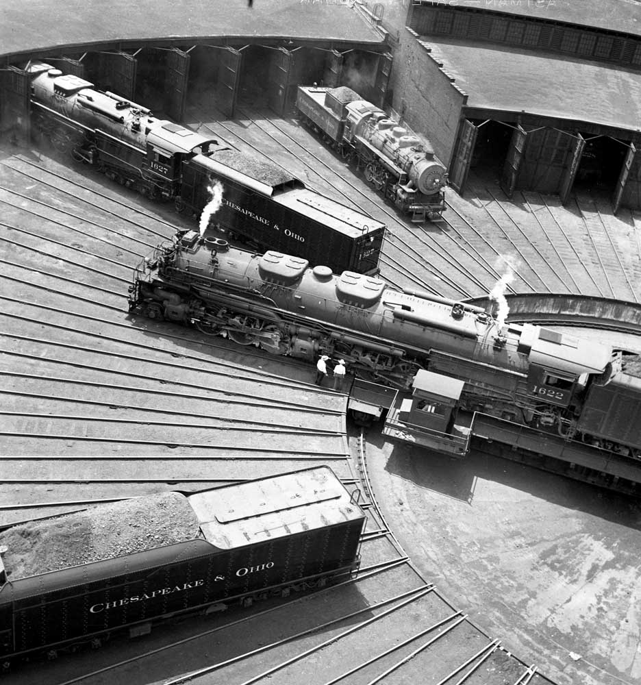 Aerial view of steam locomotive on turntable