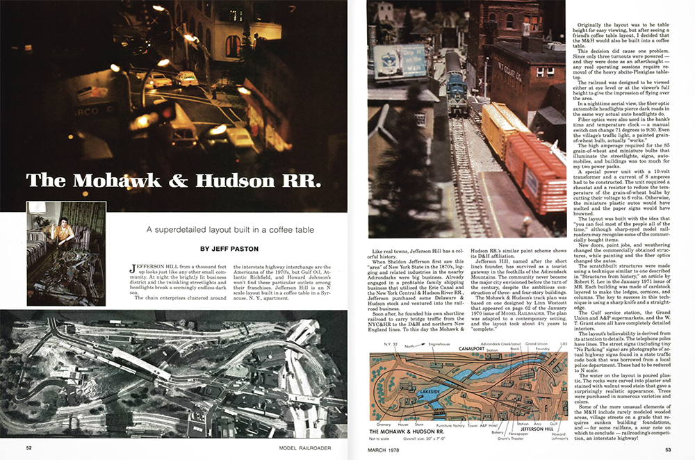 Page layout showing five photos of a model train built into an coffee table and including blocks of text on white as well as a brown and blue illustration