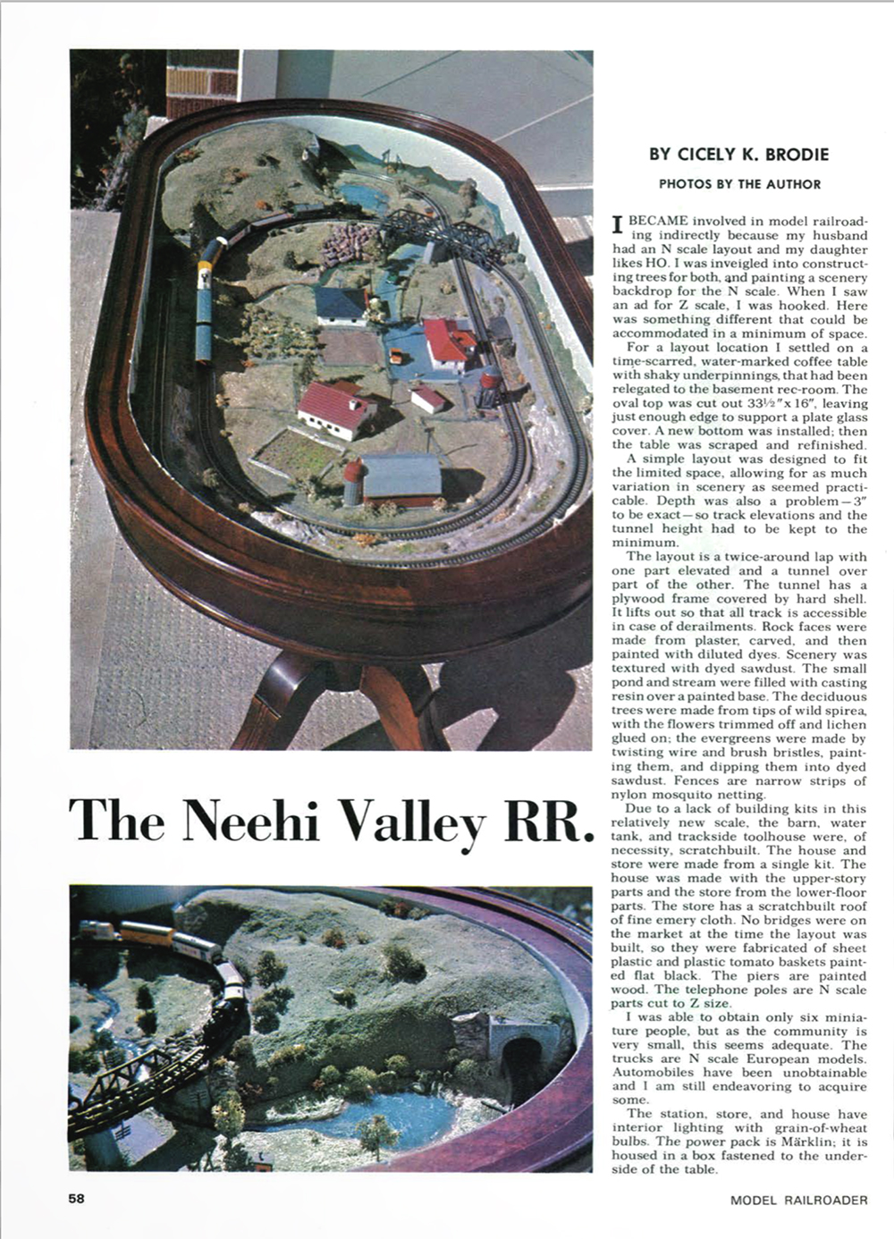 Page layout showing two photos of a model train built into an oval, dark brown table and a block of text on white background
