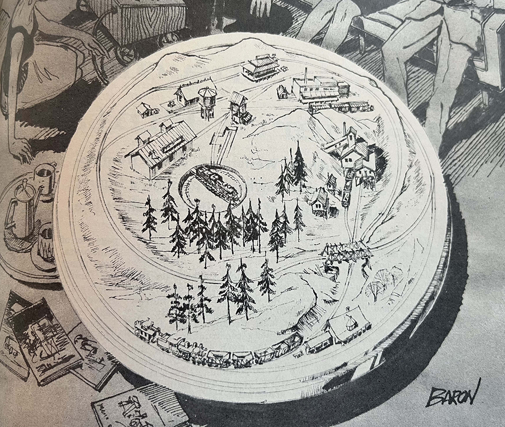 Illustration depicting a model train layout built in a large circle, featuring trains, trees, and tracks