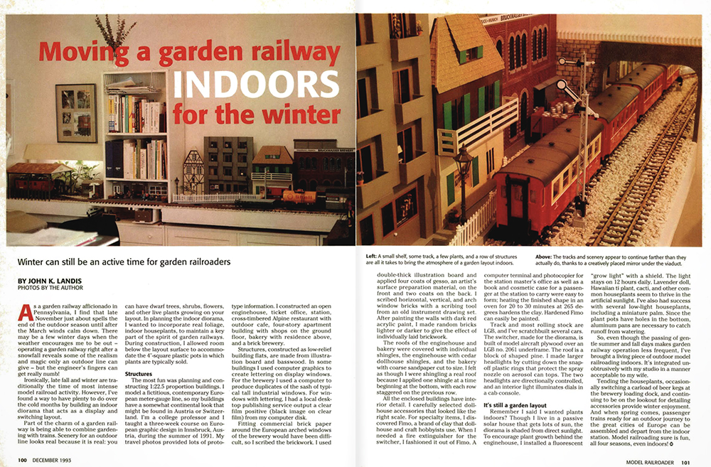 Model Train Décor Using Shelf Layouts: magazine story featuring two large photos and text on a printed page