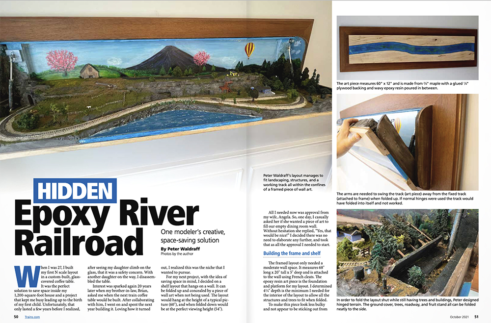 series of photographs showing how a folding piece of wall art transforms from a wood and epoxy sculpture into a small model railroad