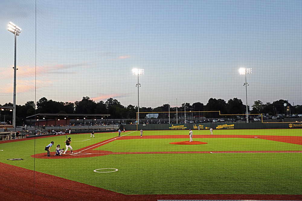 Baseball field looking from first-base line to left field. This is high iron baseball — exploring independent leagues.