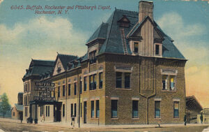 Postcard of old train station building. High iron baseball — AAA minor league stadiums.