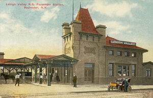 Postcard of old train station building. High iron baseball — AAA minor league stadiums.
