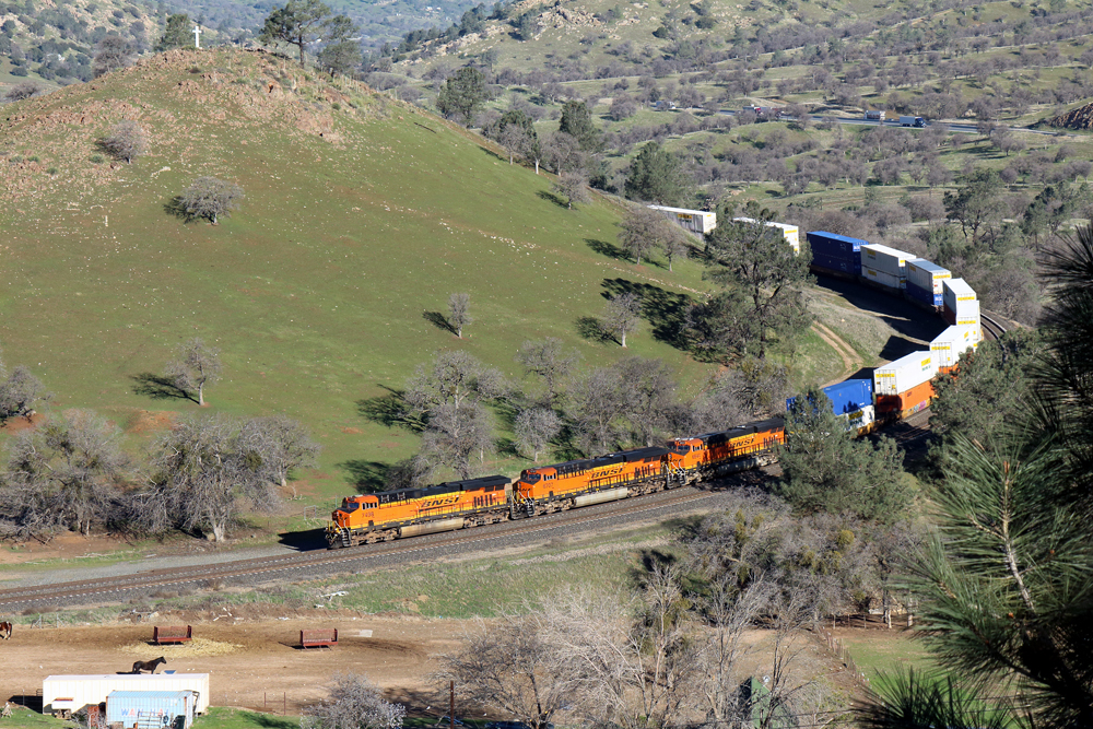 BNSF train in loop with mountains